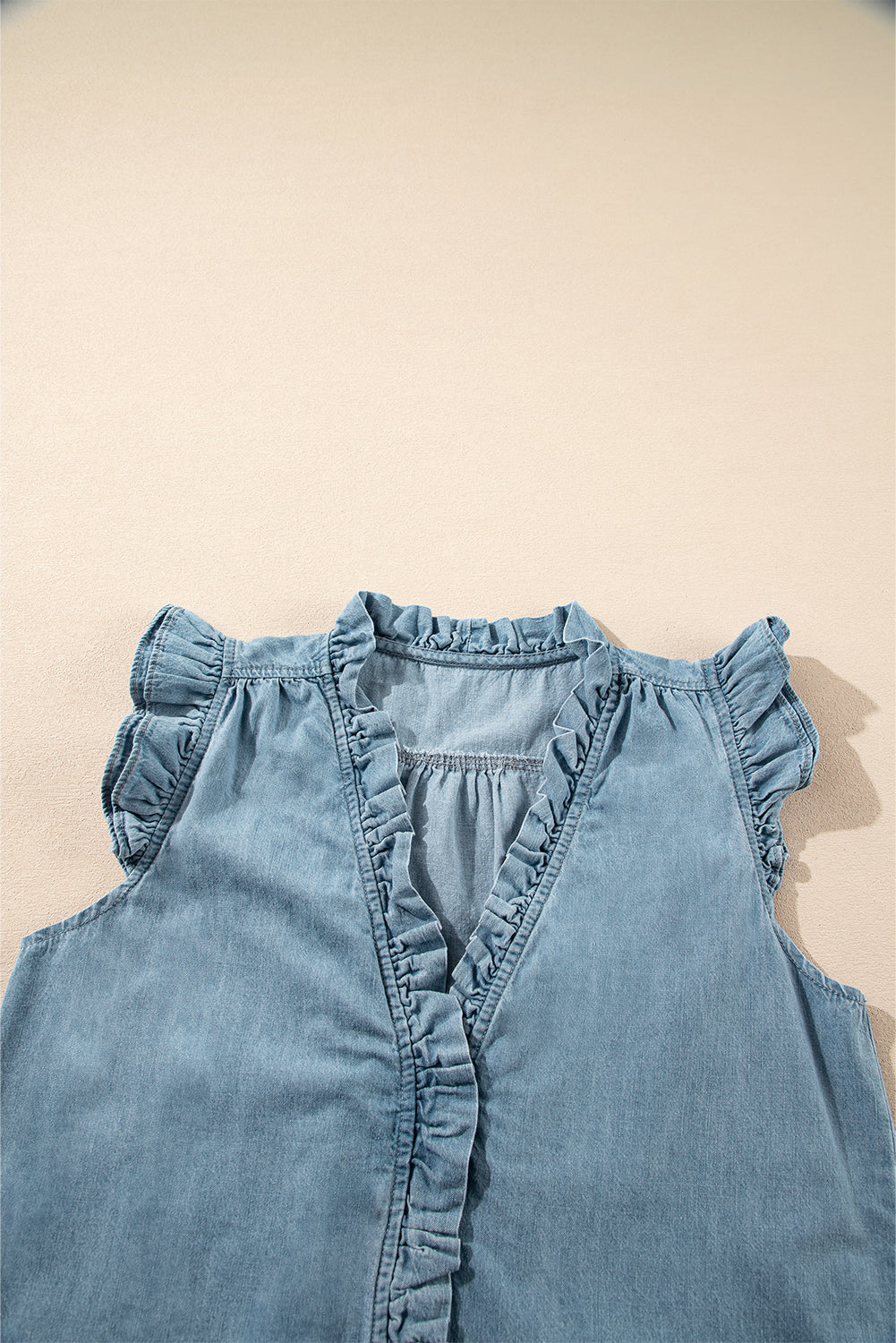 Beau Blue Frilly Ruffle Trim V Neck Chambray Tank Top