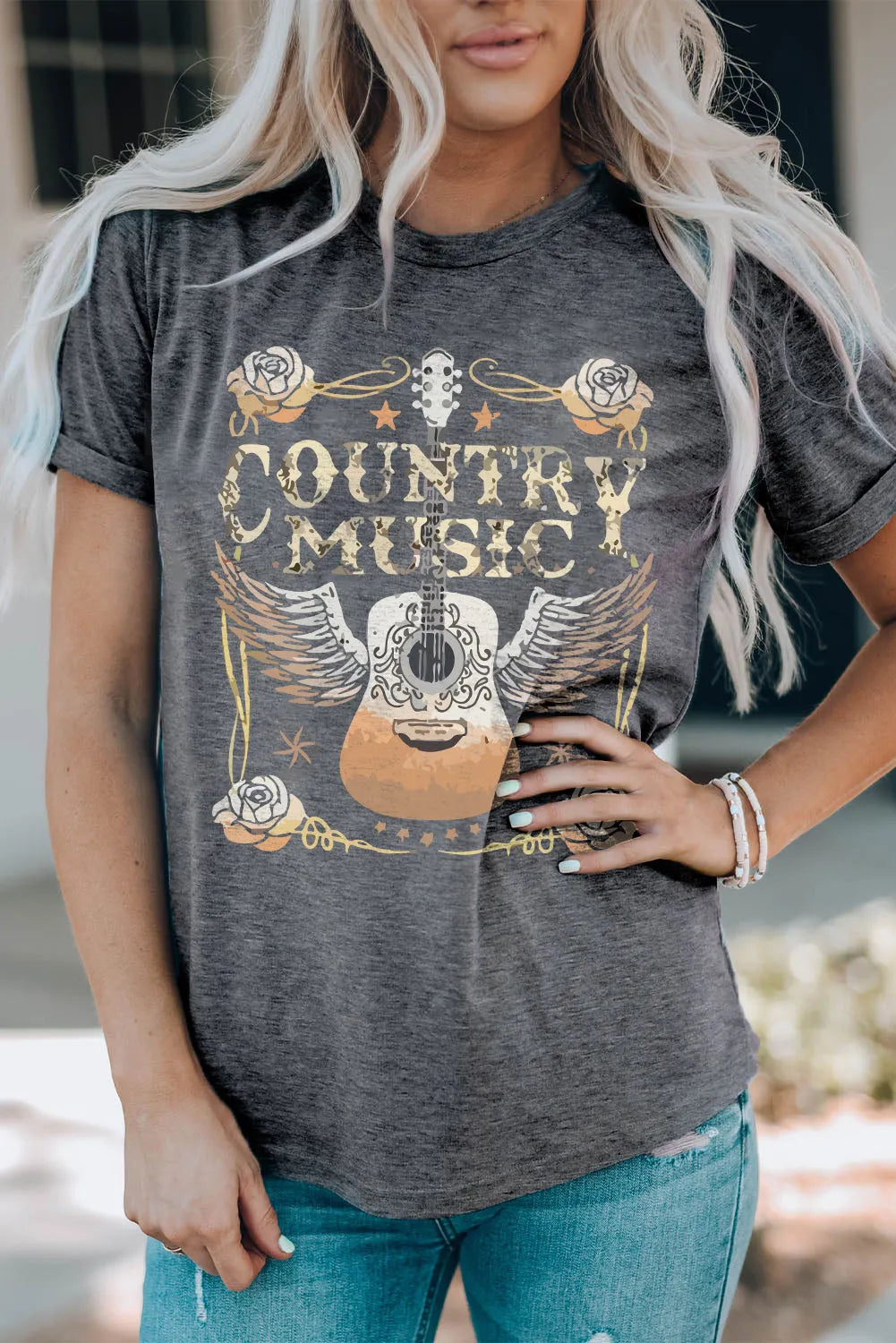 Gray COUNTRY MUSIC Guitar Graphic Print Crew Neck T Shirt - Chic Meadow Boutique 