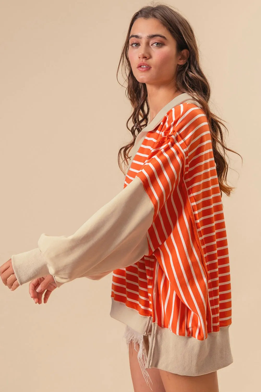 Orange Stripe Color Block Loose Fit Collared Drop Shoulder Sweatshirt - Chic Meadow Boutique 