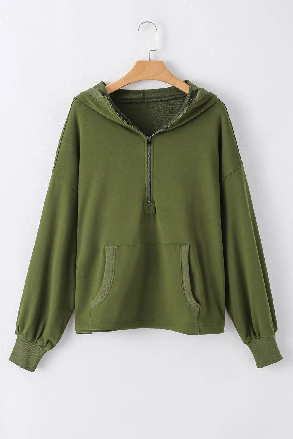 Moss Green Solid Kangaroo Pocket Half Zipper Oversized Hoodie - Chic Meadow Boutique 