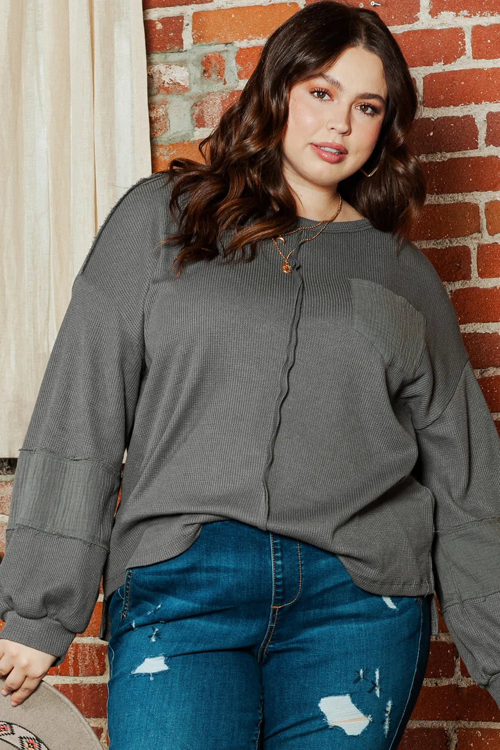 Dark Grey Plus Size Exposed Seam Crinkle Patchwork Top - Chic Meadow Boutique 