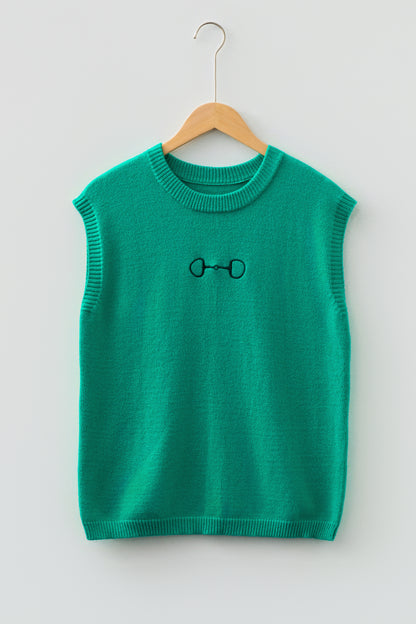 Bright Green Horse Bit Embroidered Loose Short Sleeve Sweater