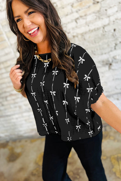 Black Bow Print Puff Short Sleeve Top