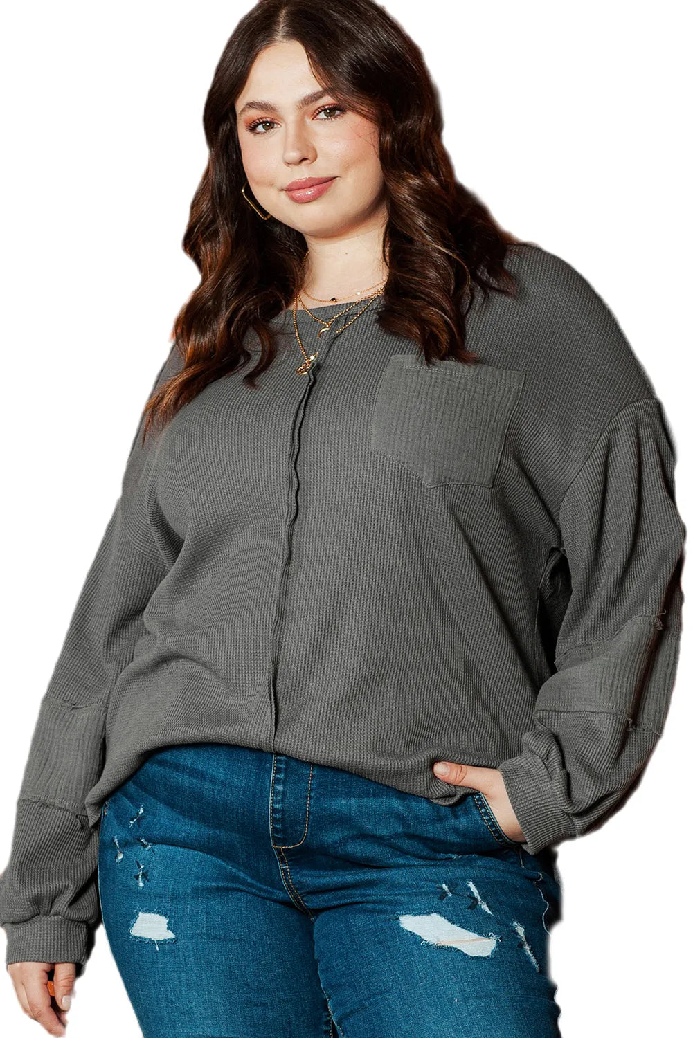 Dark Grey Plus Size Exposed Seam Crinkle Patchwork Top - Chic Meadow Boutique 