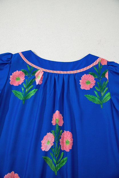 Blue Floral Short Sleeve Split Neck Loose Mini Dress