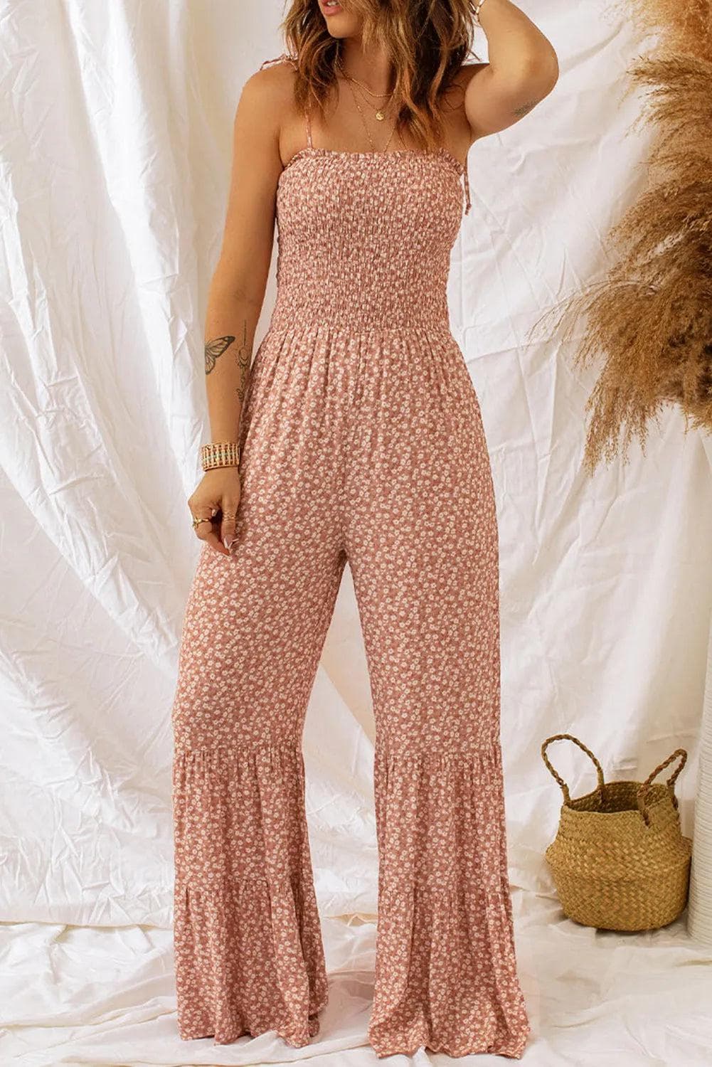 Bottoms/Jumpsuits & Rompers Khaki Thin Straps Smocked Bodice Wide Leg Floral Jumpsuit