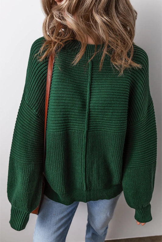 Blackish Green Textured Knit Crewneck Lantern Sleeve Sweater - Chic Meadow Boutique 