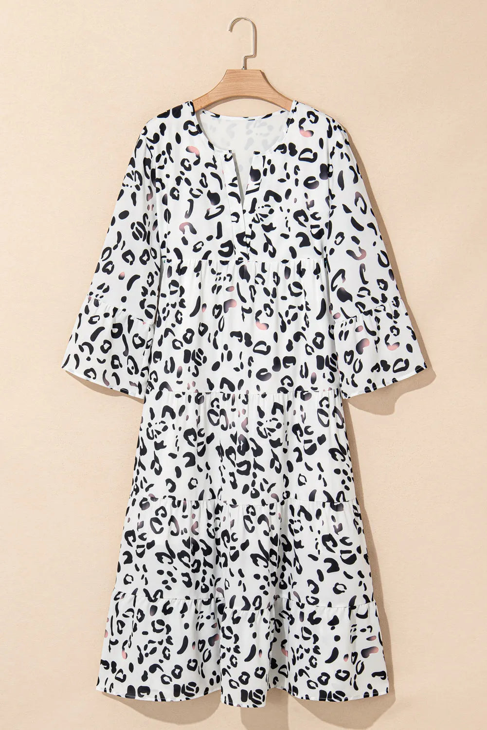 White Leopard Print Notch V Neck Loose Fit Maxi Dress - Chic Meadow Boutique 