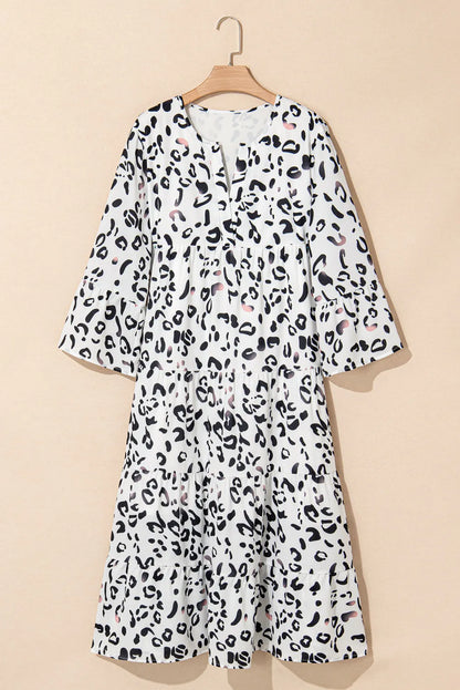 White Leopard Print Notch V Neck Loose Fit Maxi Dress - Chic Meadow Boutique 