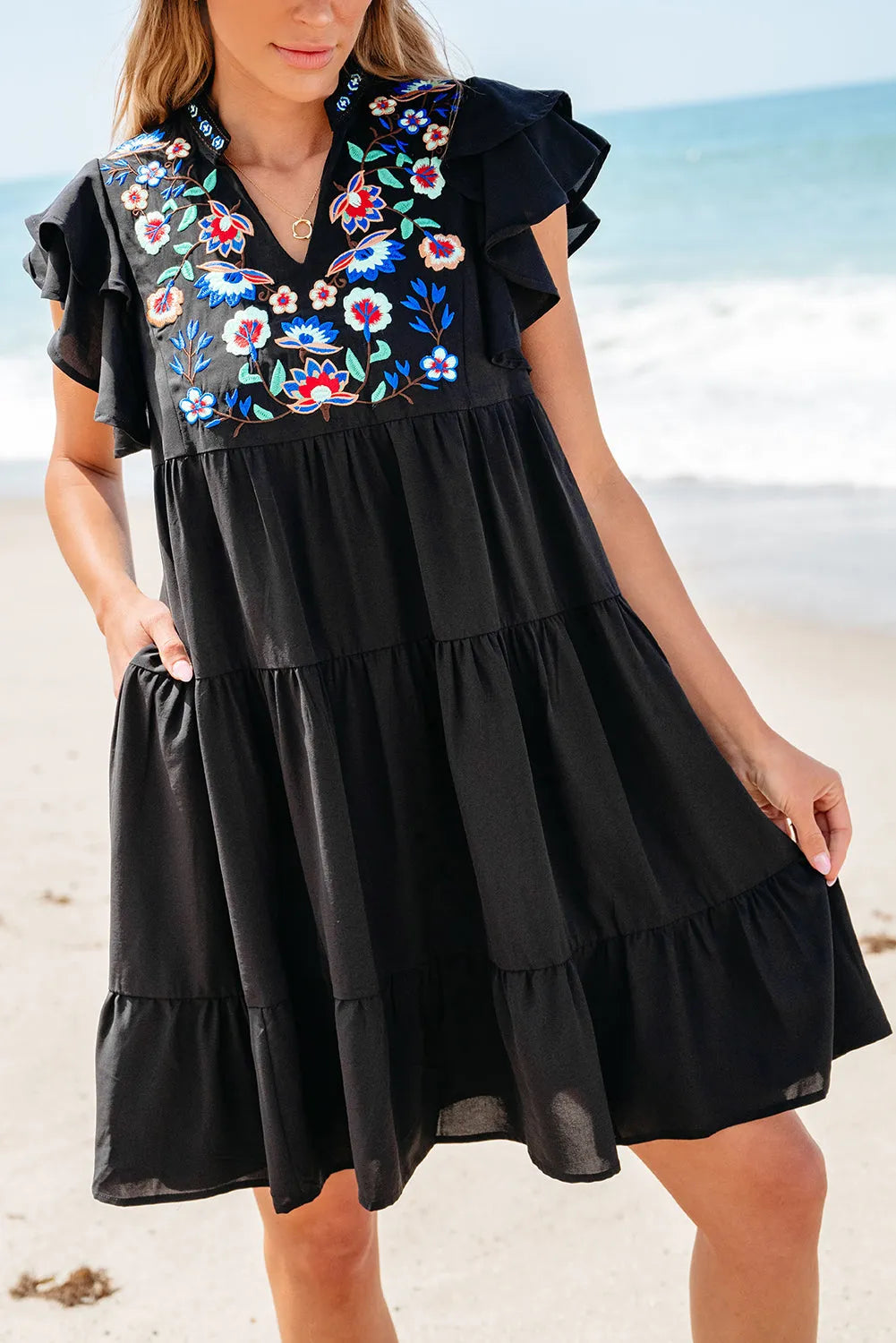 Black Floral Embroidered Tiered Ruffled Mini Dress - Chic Meadow Boutique 