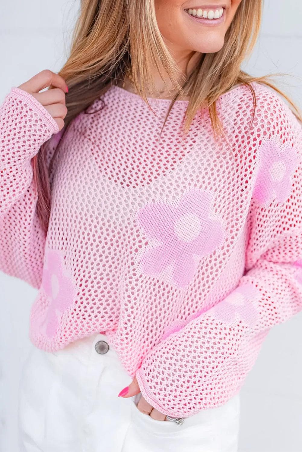 Tops/Sweaters & Cardigans Light Pink / S / 55%Acrylic+45%Cotton Light Pink Big Flower Hollowed Knit Drop Shoulder Sweater