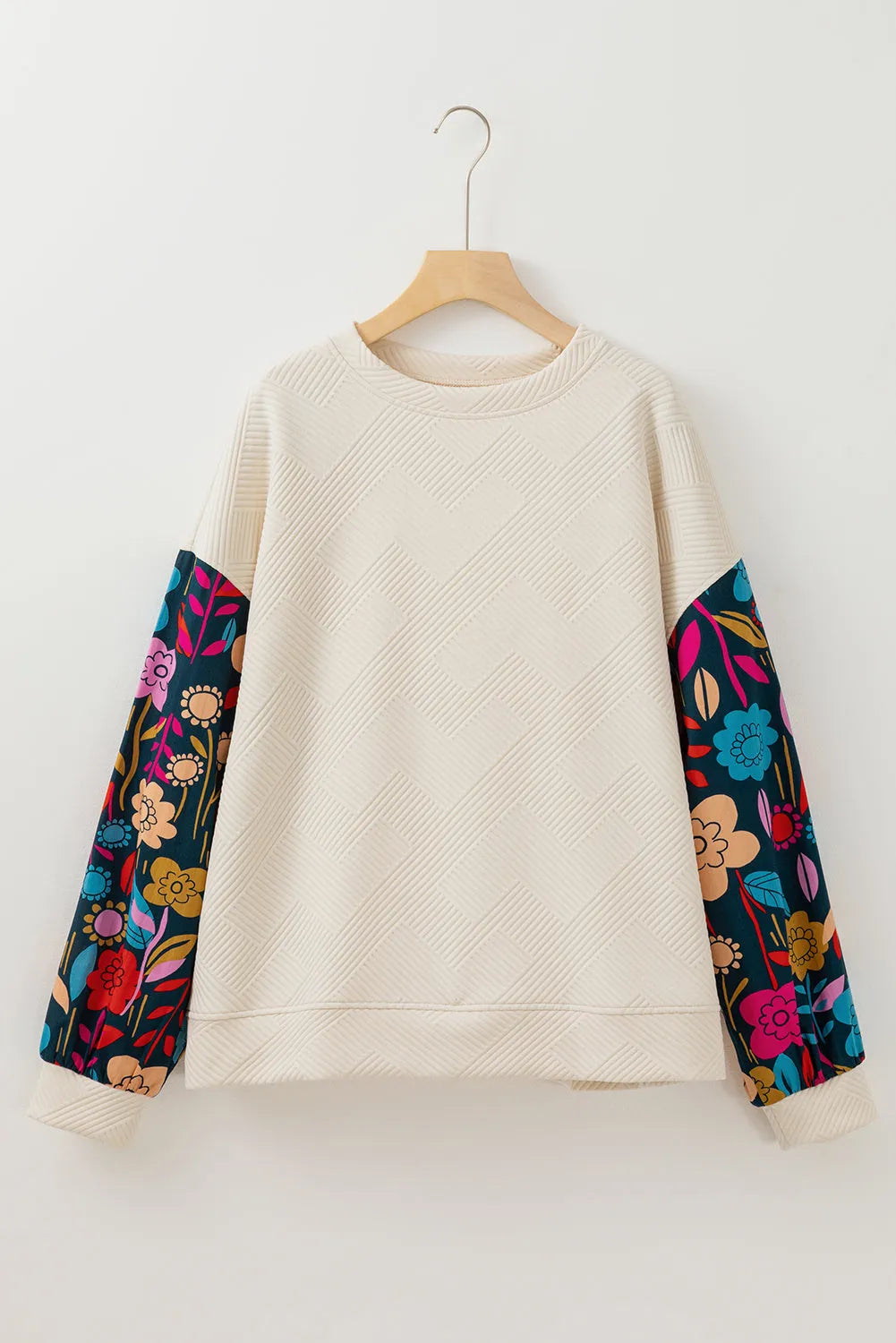 White Floral Patchwork Sleeve Textured Plus Size Pullover Top - Chic Meadow Boutique 