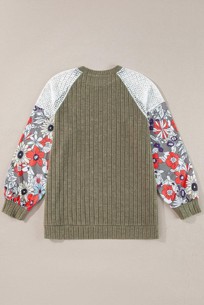 Plus Size/Plus Size Tops/Plus Size Blouses & Shirts Vineyard Green Plus Size Textured Floral Patchwork Raglan Sleeve Blouse