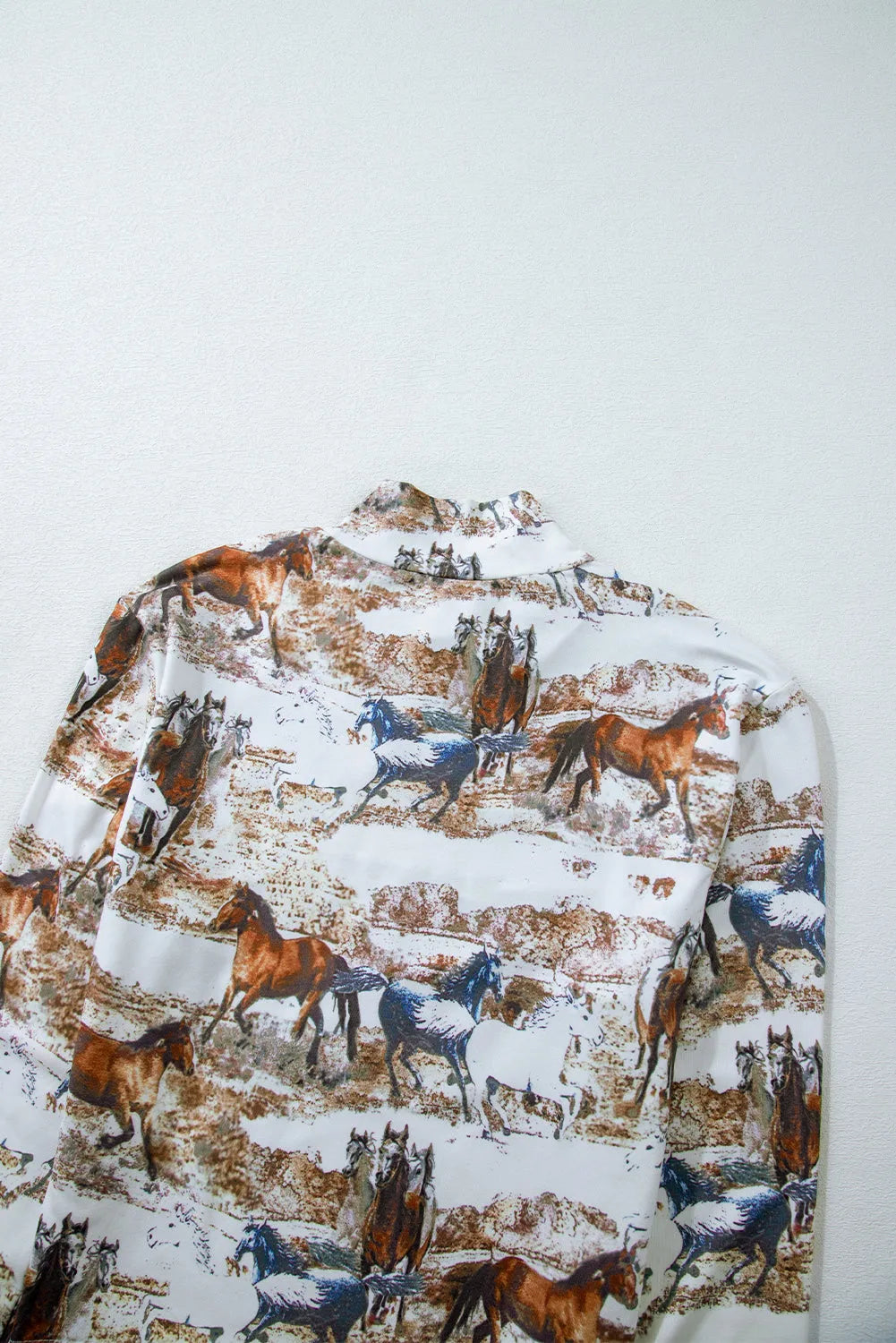 Brown Western Wild Horses Print Hollow-out High Neck Top - Chic Meadow Boutique 