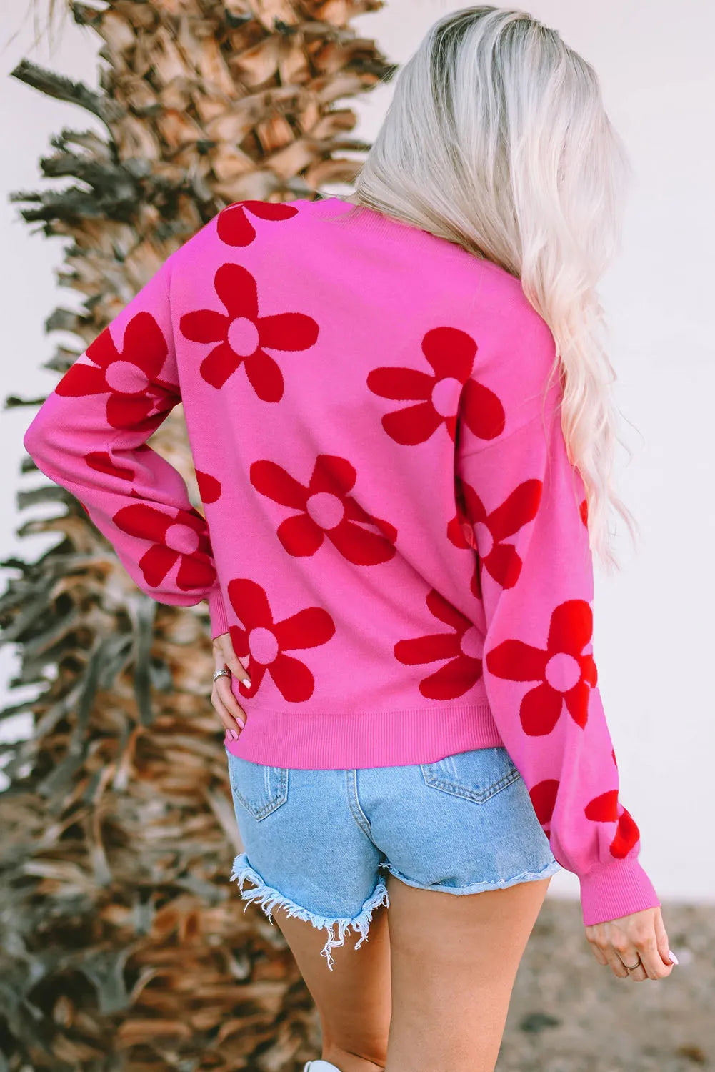 Rose Big Flower Knit Ribbed Trim Sweater - Chic Meadow Boutique 