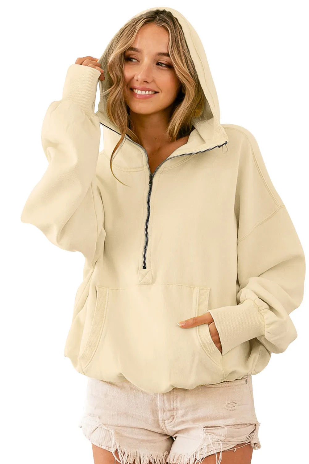 Beige Ribbed Trim Kangaroo Pocket Zipped Hoodie - Chic Meadow Boutique 