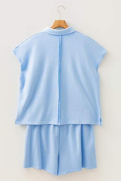 Mist Blue Solid Color Polo Tee Elastic Waist Shorts Plus Size Outfit