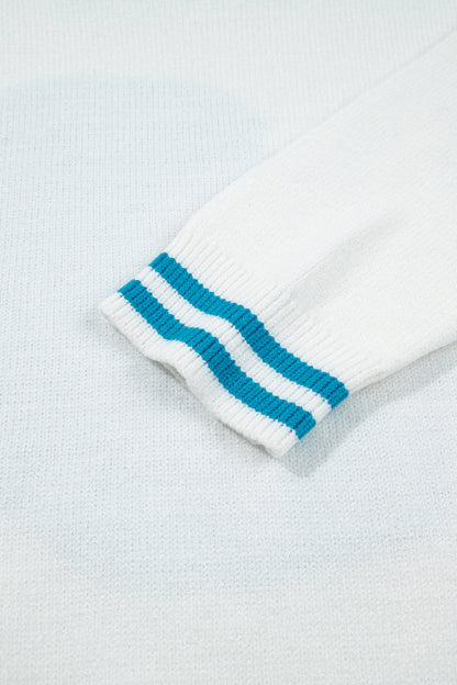 Light Blue Bulldog Contrast Trim Round Neck Casual Sweater