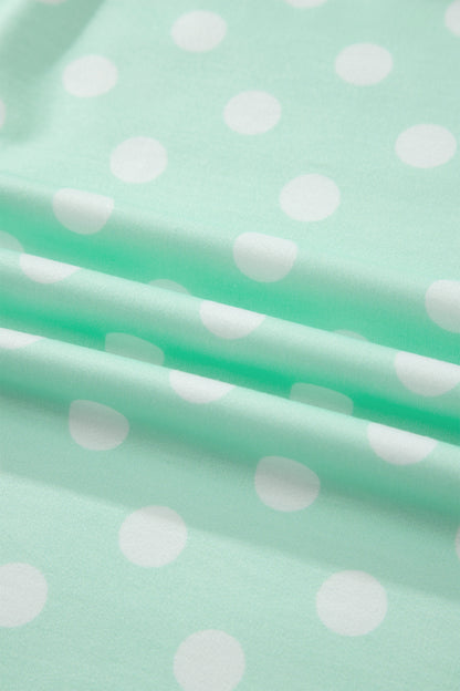 Green Polka Dot Print Color Block Trim Mock Neck Short Set