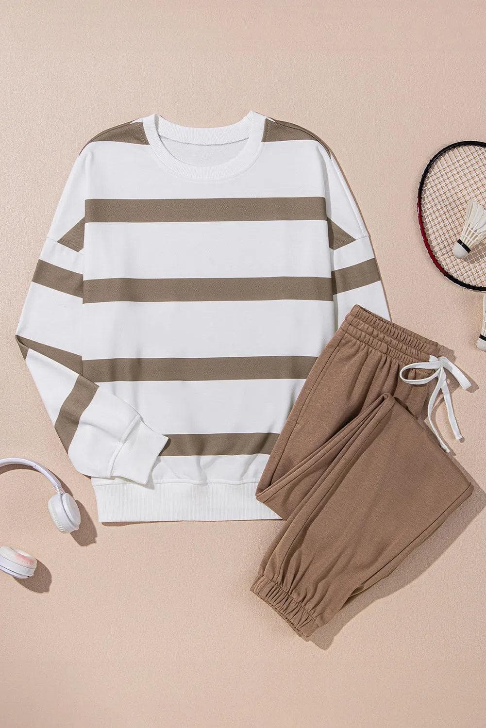 Two Piece Sets/Pant Sets Light French Beige Striped Drop Shoulder Pullover and Jogger Pants Set