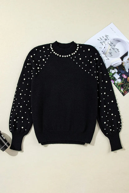 Black Pearl Beaded Bishop Sleeve Sweater - Chic Meadow Boutique 