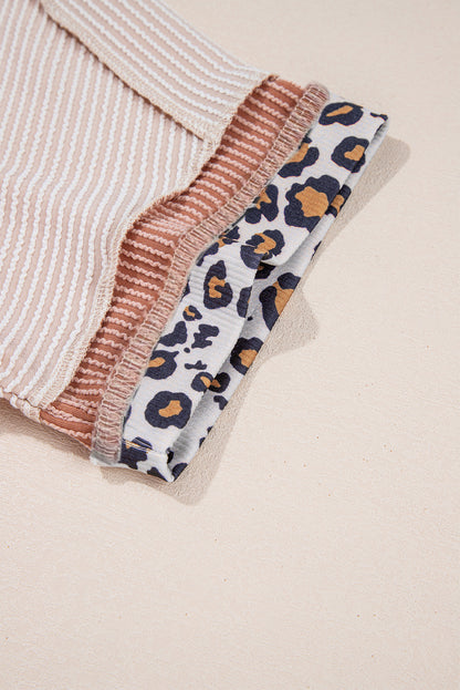 Jet Stream Leopard Patchwork Corded Knit Crew Neck T Shirt