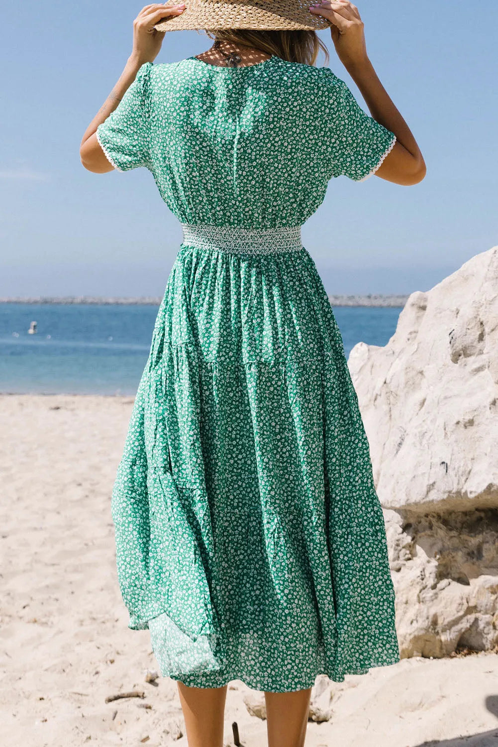 Green Floral Print Lace Splicing Flared High Waist Midi Dress - Chic Meadow Boutique 