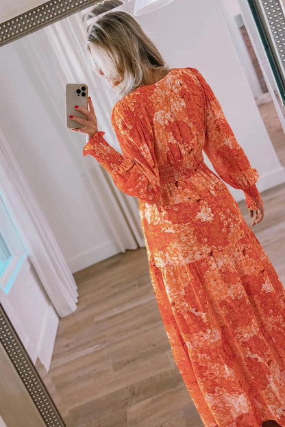 Dresses/Maxi Dresses Orange Boho Floral Bishop Sleeve V Neck Tiered Maxi Dress