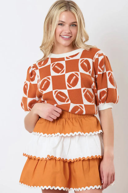 Orange Rugby Plaid Color Block Puff Short Sleeve Sweater - Chic Meadow Boutique 