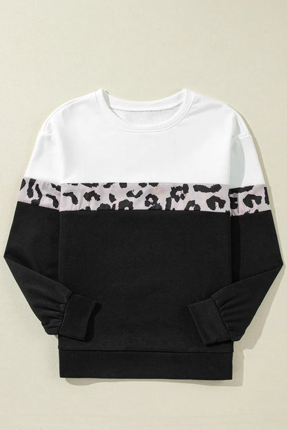 Black Leopard Colorblock Round Neck Long Sleeve Top - Chic Meadow Boutique 