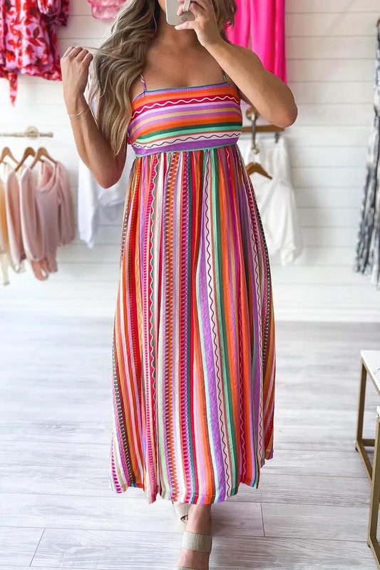 Dresses/Maxi Dresses Multicolour / S / 100%Polyester Multicolour Striped Thin Straps Smocked Back Boho Maxi Dress