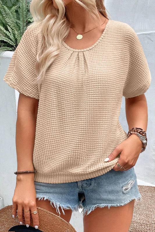 Beige Guipure Lace Insert Textured Plus Size Tee - Chic Meadow Boutique 