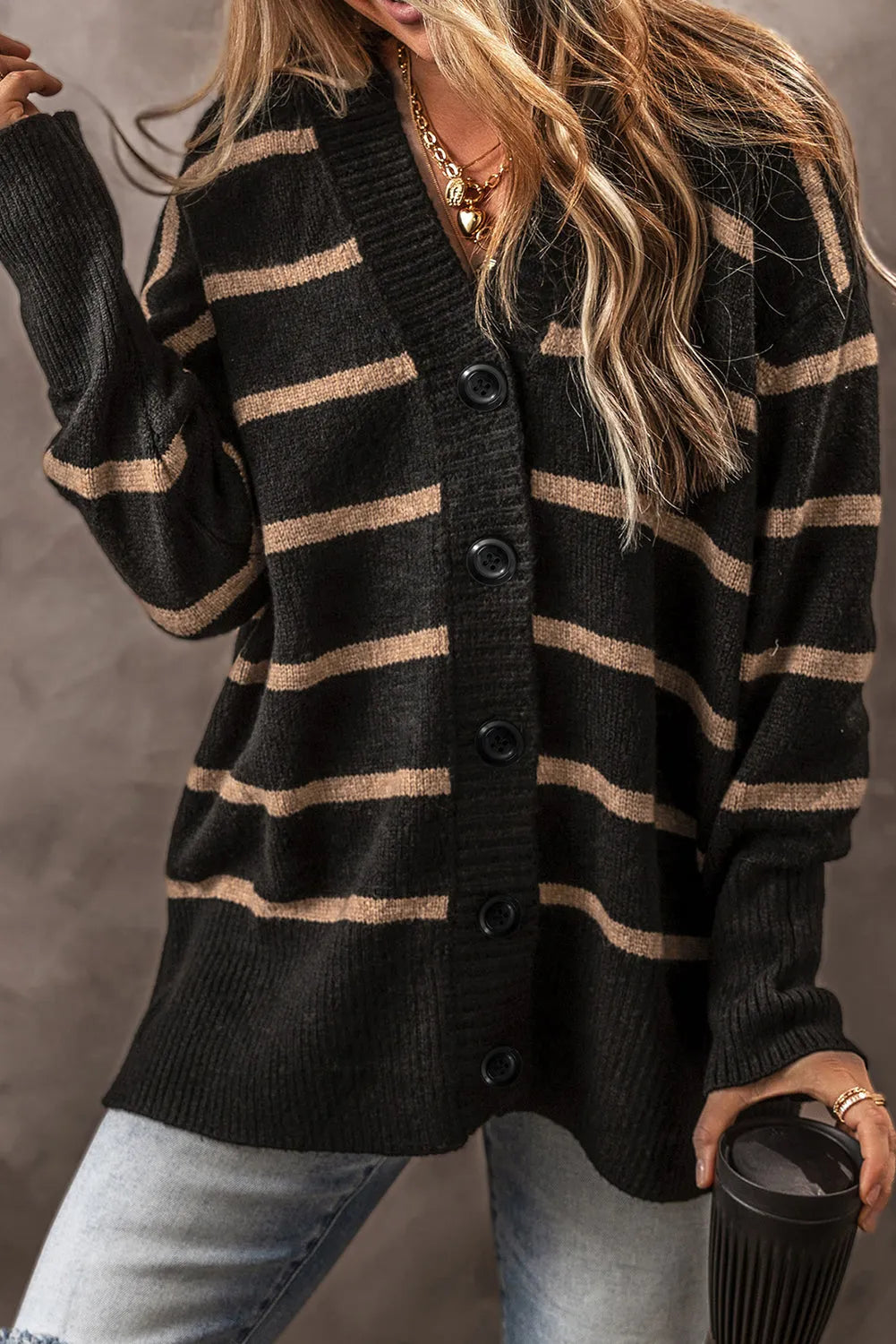 Black Stripe Buttoned V Neck Drop Shoulder Loose Cardigan - Chic Meadow Boutique 