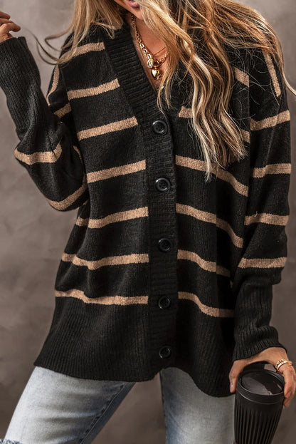 Black Stripe Buttoned V Neck Drop Shoulder Loose Cardigan - Chic Meadow Boutique 