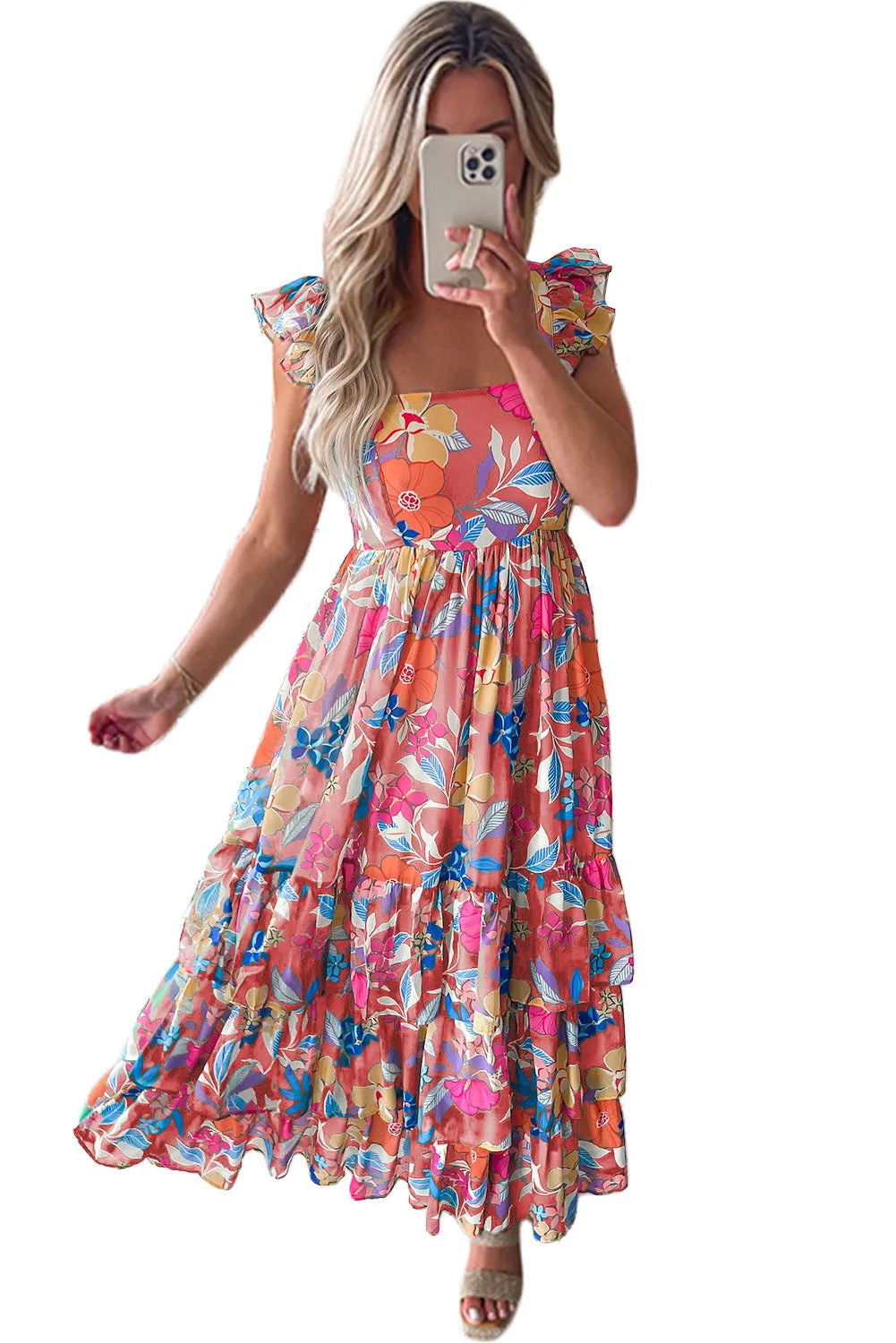 Pink Floral Print Sleeveless Ruffle Tiered Maxi Dress - Chic Meadow Boutique 