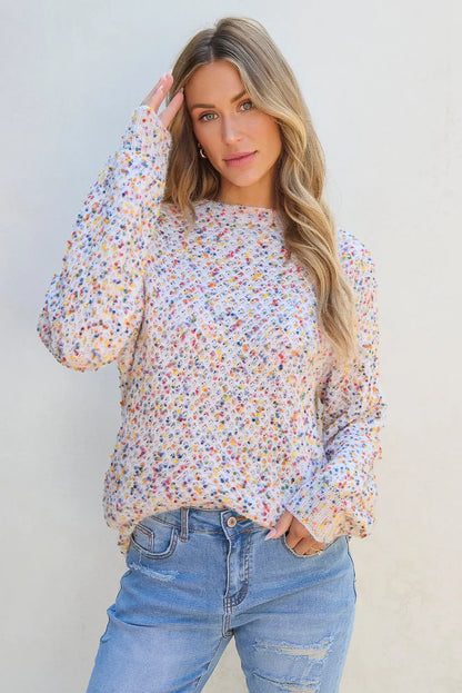 White Confetti Knit Popcorn Sweater Top - Chic Meadow Boutique 