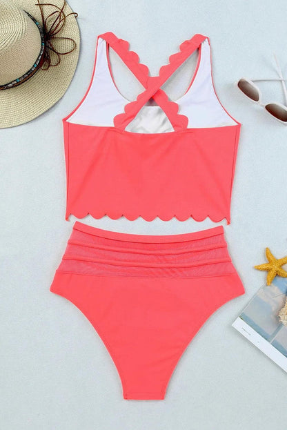 Swimwear/High Waisted Swimsuit Pink Scalloped Criss Cross High Waist Bikini