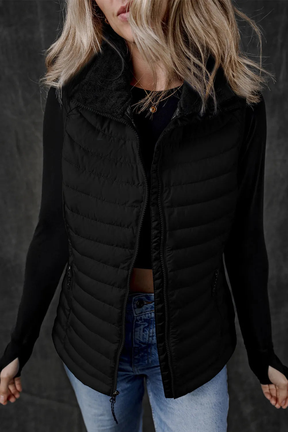 Black Plush Collared Quilted Zipped Puffer Vest - Chic Meadow Boutique 