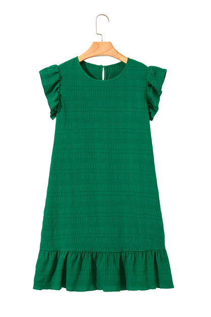 Dark Green Textured Flutter Sleeve Ruffled Mini Dress