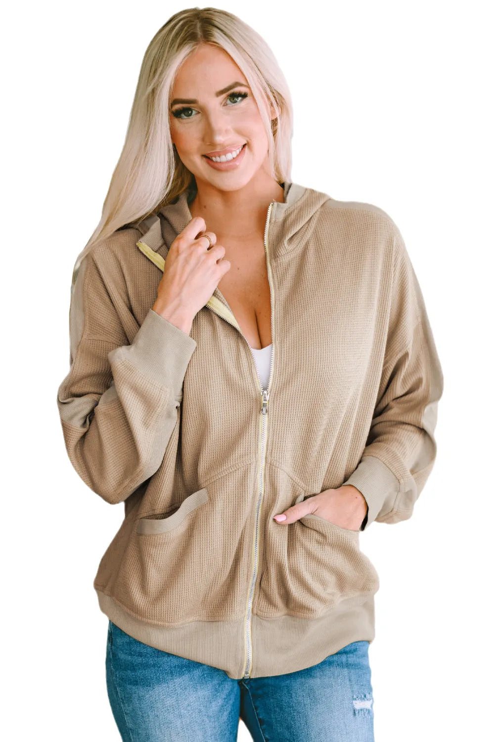 Khaki Thermal Waffle Knit Full Zipper Hooded Jacket - Chic Meadow Boutique 