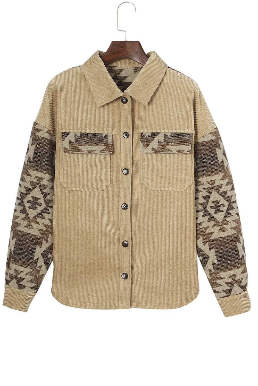 Khaki Aztec Print Patchwork Frayed Edge Corduroy Jacket - Chic Meadow Boutique 