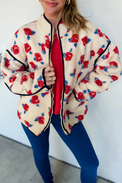 White Floral Print Zipper Stand Neck Outerwear Fleece Coat