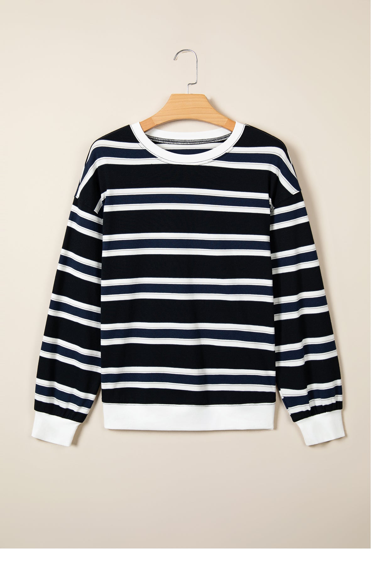 Blue Stripe Ribbed Color Block Trim Round Neck Dropped Shoulder Sweatshirt