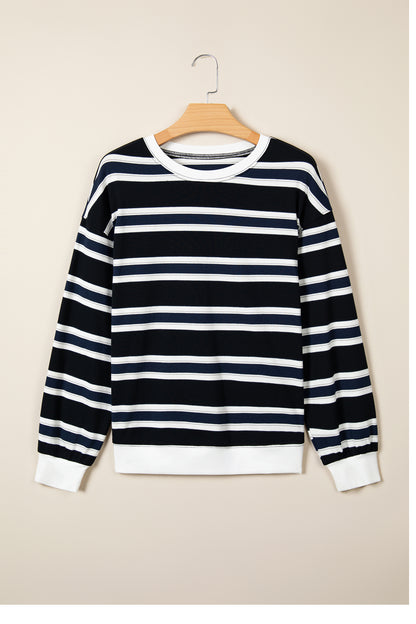 Blue Stripe Ribbed Color Block Trim Round Neck Dropped Shoulder Sweatshirt