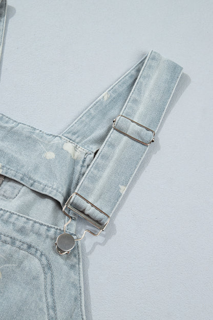 Sky Blue Retro Wash Denim Floral Print Overall Mini Dress