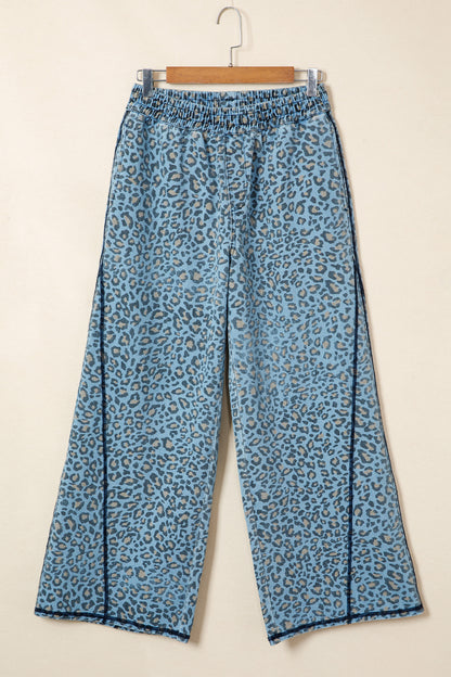 Blue Leopard Print Exposed Seam Detail Wide Leg Drawstring Jeans