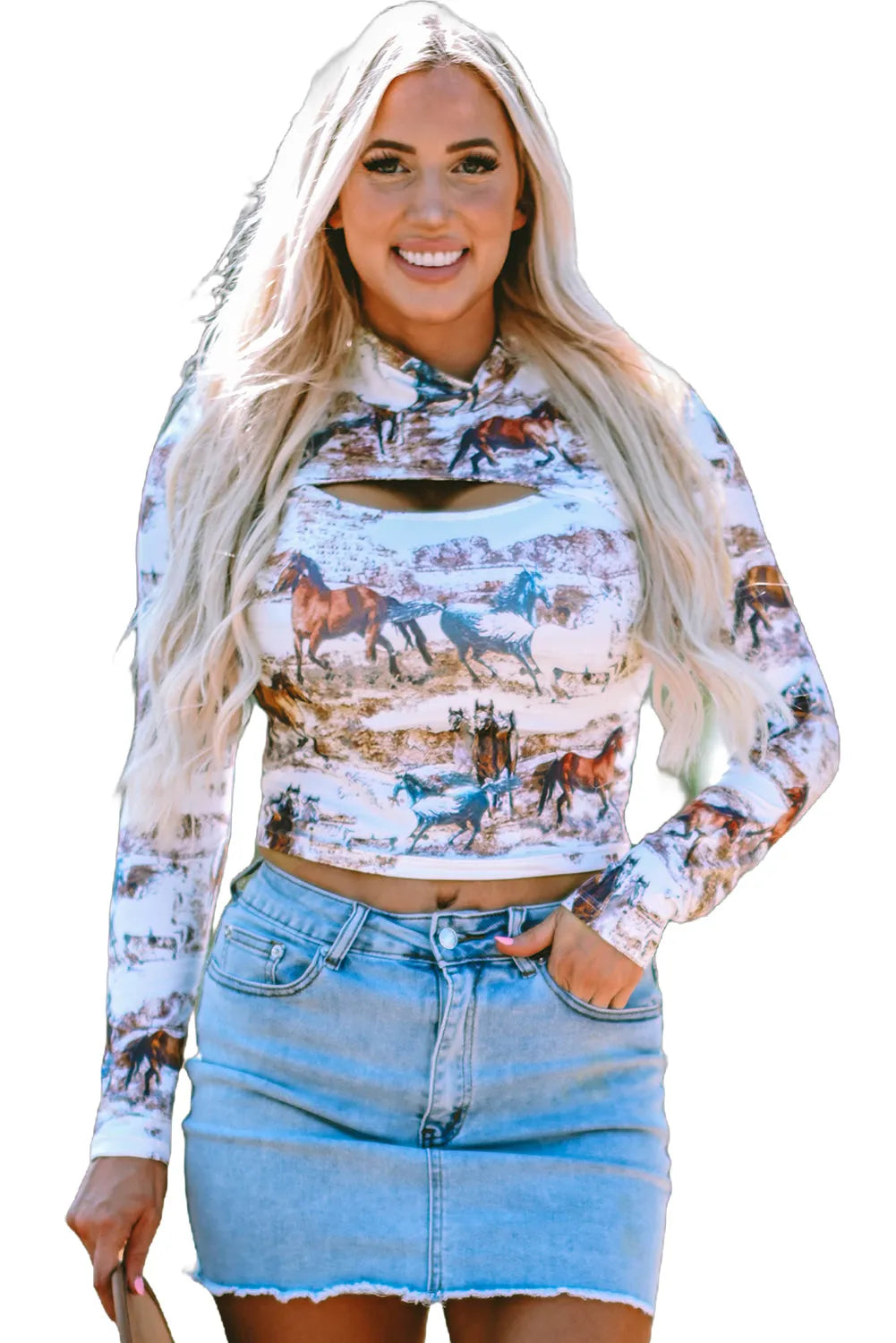 Brown Western Wild Horses Print Hollow-out High Neck Top - Chic Meadow Boutique 