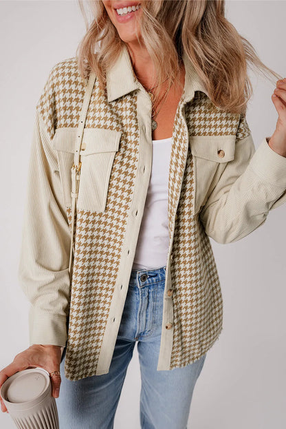 Parchment Houndstooth Corduroy Patchwork Flap Pocket Shacket - Chic Meadow Boutique 