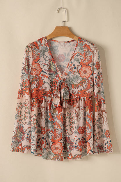 Orange Floral Print Deep V Neck Knot Bell Sleeve Blouse