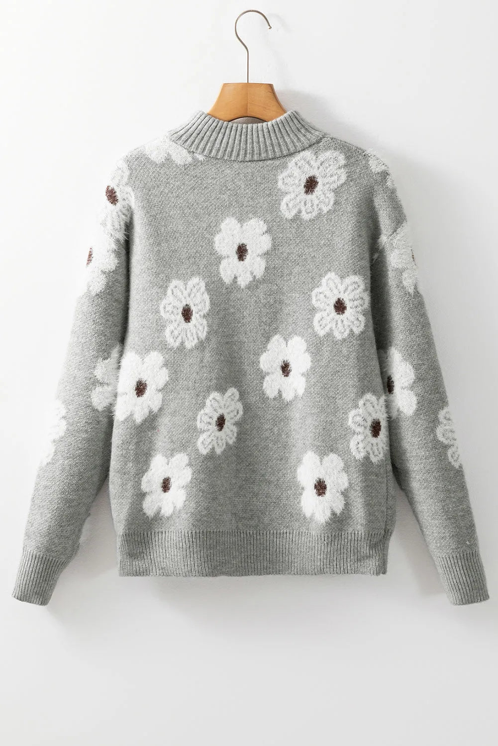 Sweaters & Cardigans/Sweaters Gray Floral Pattern Half Zip Drop Shoulder Sweater